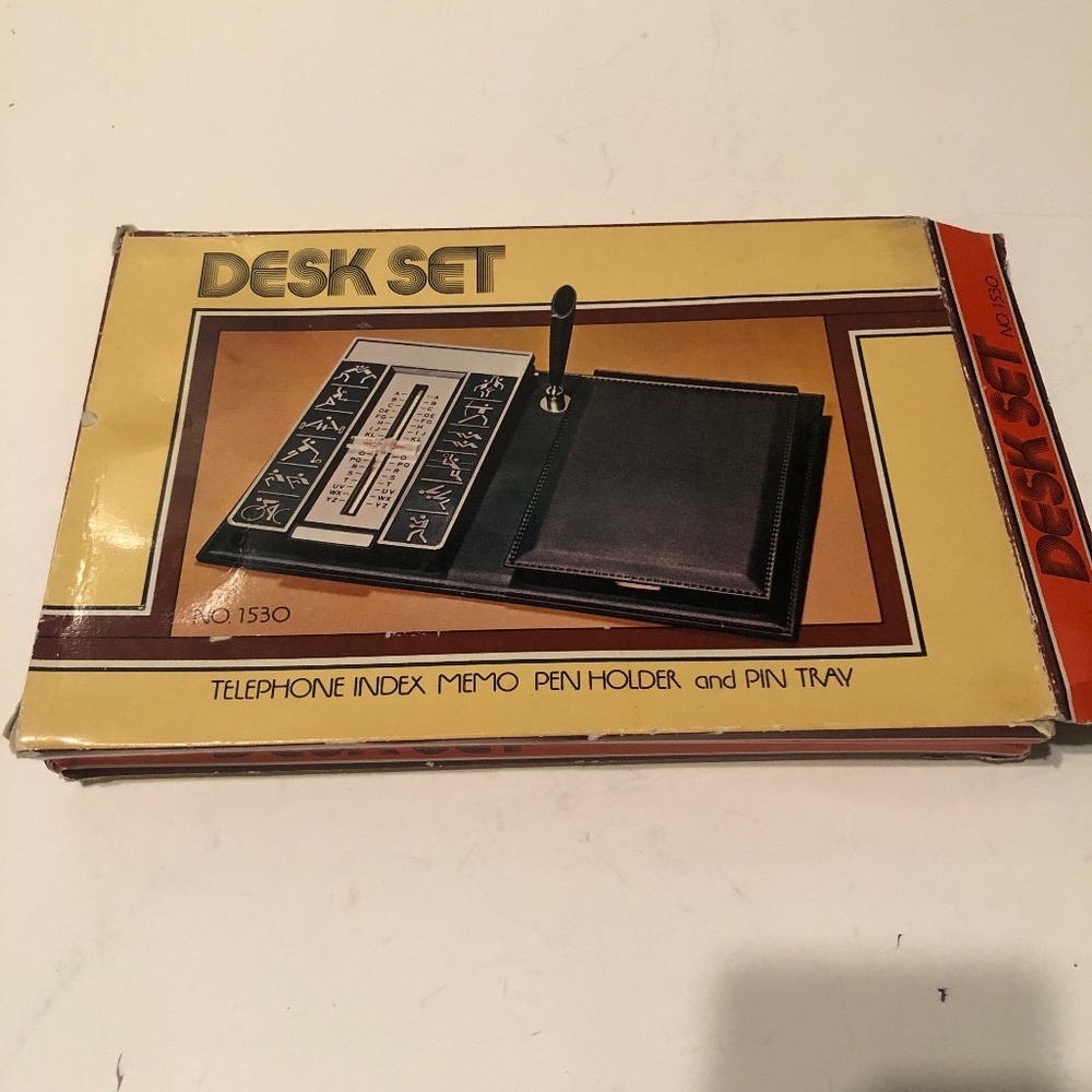 Vintage 1970s desk set with telephone index, pen holder and memo paper